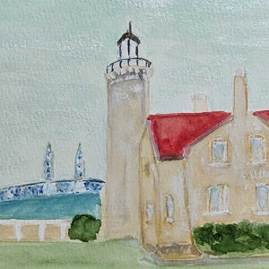 Mackinac Lighthouse - Mackinac Bridge in Background