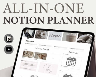 May include: A screenshot of a Notion planner on a tablet computer. The planner includes sections for organization, productivity, vision board, and wellness. The vision board section includes a photo of a dog. The wellness section includes a calendar icon. The text "Hope" is visible in the top right corner of the screen.