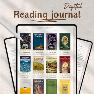 May include: A digital reading journal app on a tablet screen. The app features a book library with covers of popular novels, including "Pride and Prejudice", "The Great Gatsby", "The Color Purple", "Little Women", "A Passage to India", "Gulliver's Travels", "The Scarlet Letter", "The Rainbow", "Lolita", and "The Prophet".