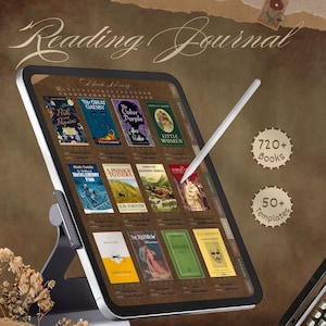 May include: A digital tablet displaying a reading journal app with a book library featuring classic novels like "The Great Gatsby", "Pride and Prejudice", "The Color Purple", and "Little Women". The app offers 720+ books and 50+ templates.