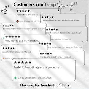 May include: A graphic with customer reviews, each with five-star ratings. Text includes phrases like "Absolutely love it!" and "Perfect. Everything works perfectly!" The image also includes the text "Customers can't stop Raving!!" and "Not one, but hundreds of them!!"