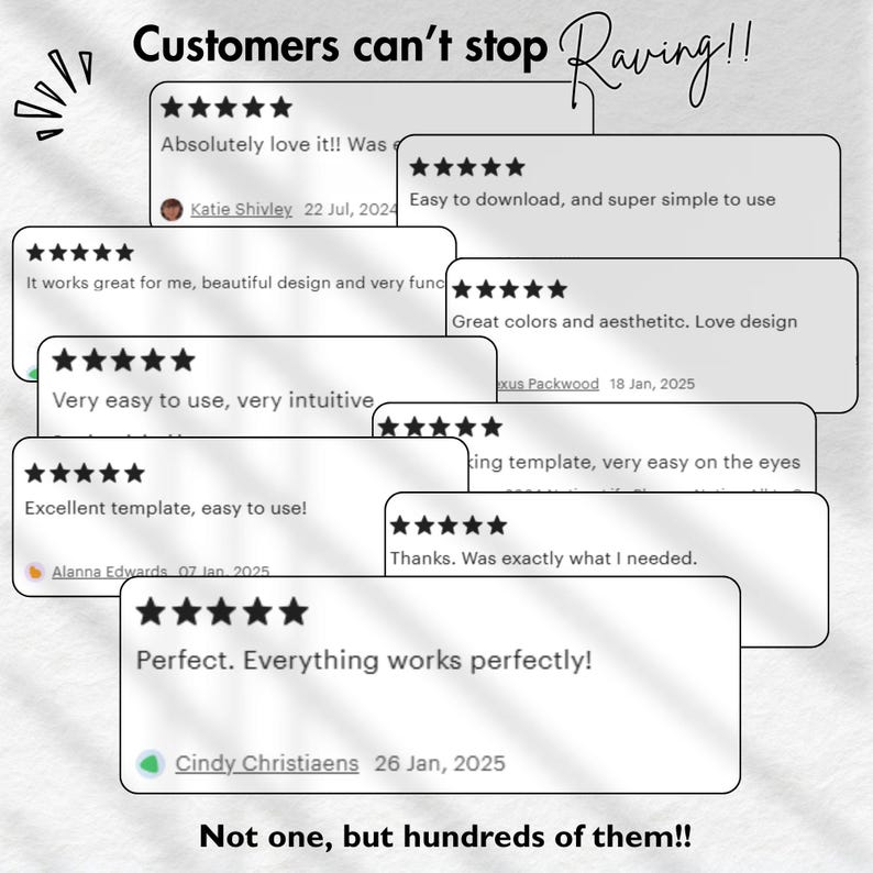 May include: A graphic with customer reviews, each with five-star ratings. Text includes phrases like "Absolutely love it!" and "Perfect. Everything works perfectly!" The image also includes the text "Customers can't stop Raving!!" and "Not one, but hundreds of them!!"