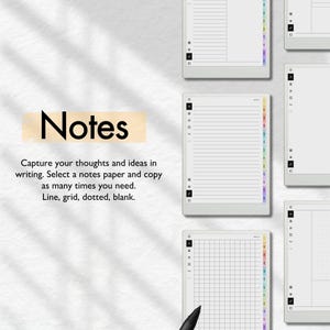 May include: A digital notepad app with the text "Notes" and the caption "Capture your thoughts and ideas in writing. Select a notes paper and copy as many times you need. Line, grid, dotted, blank."