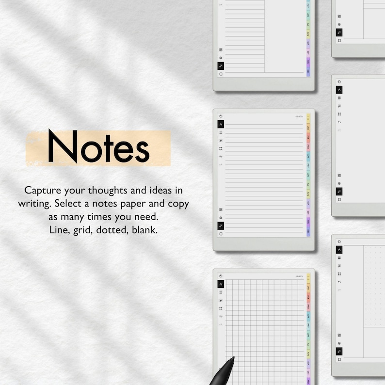 May include: A digital notepad app with the text "Notes" and the caption "Capture your thoughts and ideas in writing. Select a notes paper and copy as many times you need. Line, grid, dotted, blank."