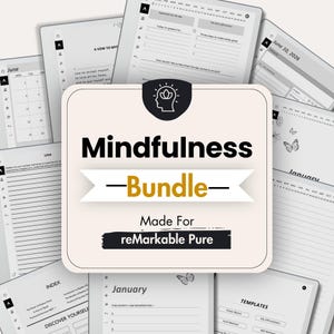 Könnte beinhalten: Ein digitales Planer-Bundle für reMarkable Pure Tablets mit einer zentralen quadratischen Karte mit dem Text Mindfulness Bundle Made For reMarkable Pure. Der Hintergrund zeigt verschiedene Seitenvorlagen wie Kalender, Indexseiten und Formulare.