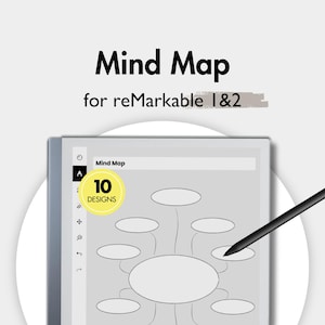 May include: A digital mind map template for reMarkable 1 & 2 tablets. The image shows a tablet with a mind map design, a black stylus, and the text "Mind Map" and "10 Designs". The design features a central oval with connecting bubbles.