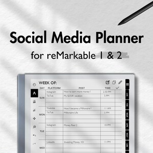Peut inclure: Un planificateur de médias sociaux numérique pour les tablettes reMarkable 1 & 2. Le planificateur affiche un calendrier hebdomadaire avec des sections pour le jour, la plateforme, le message et l'heure. Le texte "Social Media Planner" est en haut.