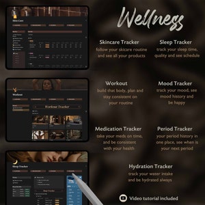 Op de afbeelding: Een digitale wellness-tracker-app-interface met een donkere achtergrond en gouden accenten. De app bevat trackers voor huidverzorging, slaap, training, stemming, medicijnen, menstruatie en hydratatie. De tekst "Wellness" wordt weergegeven in een groot, gestileerd lettertype bovenaan het scherm. De tekst "Video-tutorial inbegrepen" wordt onderaan het scherm weergegeven.