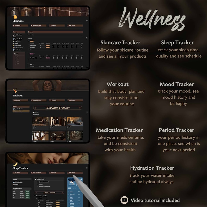 Op de afbeelding: Een digitale wellness-tracker-app-interface met een donkere achtergrond en gouden accenten. De app bevat trackers voor huidverzorging, slaap, training, stemming, medicijnen, menstruatie en hydratatie. De tekst "Wellness" wordt weergegeven in een groot, gestileerd lettertype bovenaan het scherm. De tekst "Video-tutorial inbegrepen" wordt onderaan het scherm weergegeven.