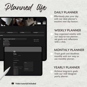 May include: A digital planner app with a dark background and a white text overlay. The app features a daily, weekly, monthly, and yearly planner. The text on the screen reads "Planned life" and "What do you want to plan for?"