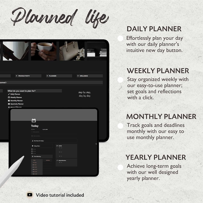 May include: A digital planner app with a dark background and a white text overlay. The app features a daily, weekly, monthly, and yearly planner. The text on the screen reads "Planned life" and "What do you want to plan for?"