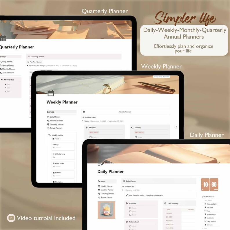 May include: Three computer screens displaying a website for digital planners. The website features a variety of planners, including daily, weekly, monthly, quarterly, and annual planners. The website is titled "Simpler Life" and offers a video tutorial.