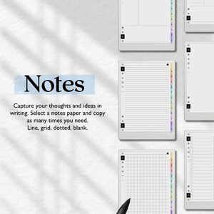 May include: Digital tablet screens displaying various note-taking templates including lined, grid, and blank pages. The text "Notes" is visible along with the instructions: "Capture your thoughts and ideas in writing. Select a notes paper and copy as many times you need. Line, grid, dotted, blank."