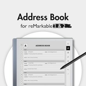 May include: An address book for reMarkable 1 & 2 tablets. The digital address book displays contact information, including names, phone numbers, and email addresses. A black stylus is positioned on the right side of the tablet.