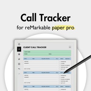 Puede incluir: Una plantilla digital de seguimiento de llamadas para reMarkable paper pro. La plantilla incluye campos para el nombre del cliente, teléfono, correo electrónico, fecha, hora, fecha de seguimiento, propósito, resumen y próxima acción.