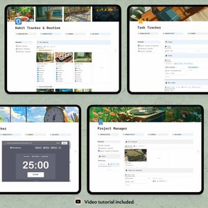 May include: Four digital tablet screens displaying a habit tracker, task tracker, project manager, and a pomodoro timer. The screens are set against a background of a green leafy garden with a clock and a record player.