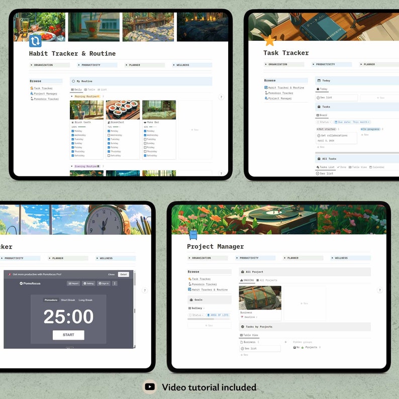 May include: Four digital tablet screens displaying a habit tracker, task tracker, project manager, and a pomodoro timer. The screens are set against a background of a green leafy garden with a clock and a record player.