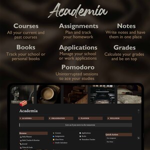 Op de afbeelding: Een donkergrijs scherm met het woord "Academia" in wit. Het scherm toont een menu met opties voor cursussen, opdrachten, notities, cijfers, boeken, applicaties en pomodoro. Het menu is onderverdeeld in secties met een donkerbruine achtergrond en witte tekst. Het scherm toont ook een sectie met het woord "Bladeren" en een lijst met opties, waaronder een dagelijkse planner, een gewoontetracker & routine, een dagboek en visie & doelen. Het scherm toont ook een sectie met het woord "Snelle actie" en opties voor een nieuwe opdracht en nieuwe notities.