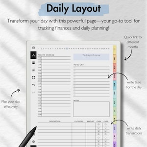 May include: A daily planner page with a black and white design. The page includes sections for today's schedule, to-do list, notes, and a financial tracker. The page also includes a calendar with a quick link to different months.