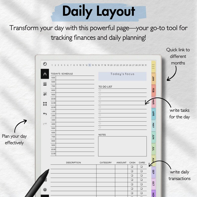 May include: A daily planner page with a black and white design. The page includes sections for today's schedule, to-do list, notes, and a financial tracker. The page also includes a calendar with a quick link to different months.