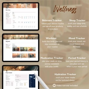 May include: Wellness app interface on a tablet screen with a stylus. The app features trackers for skincare, sleep, workout, mood, medication, period, and hydration. The text "Wellness" is displayed in a large font at the top of the screen. The text "Video tutorial included" is displayed at the bottom of the screen.