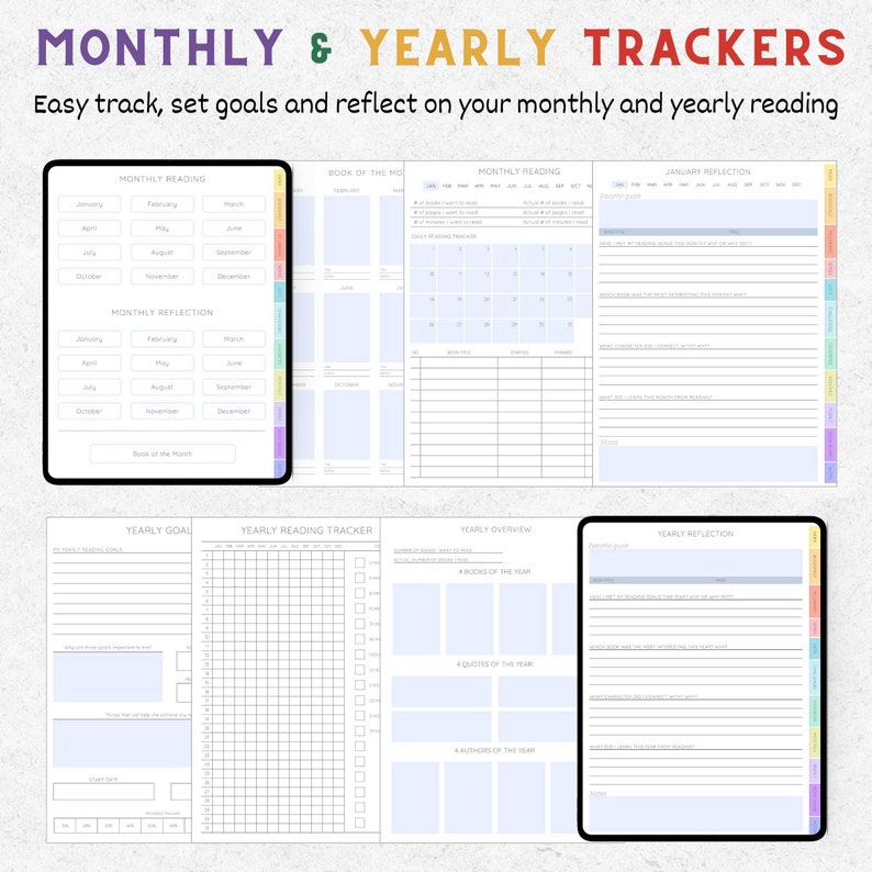 Puede incluir: P&aacute;ginas de planificador digital con el texto "MONTHLY & YEARLY TRACKERS". Las p&aacute;ginas incluyen secciones para lectura mensual, reflexi&oacute;n, objetivos anuales y seguimiento. El dise&ntilde;o es principalmente blanco y azul con pesta&ntilde;as coloridas.
