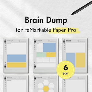 Op de afbeelding: Afbeelding van een digitale planner voor reMarkable Paper Pro. De tekst "Brain Dump" staat boven het product. De afbeelding toont zes verschillende planner templates met gekleurde secties, waaronder blauw, geel en groen. Een stylus is zichtbaar.