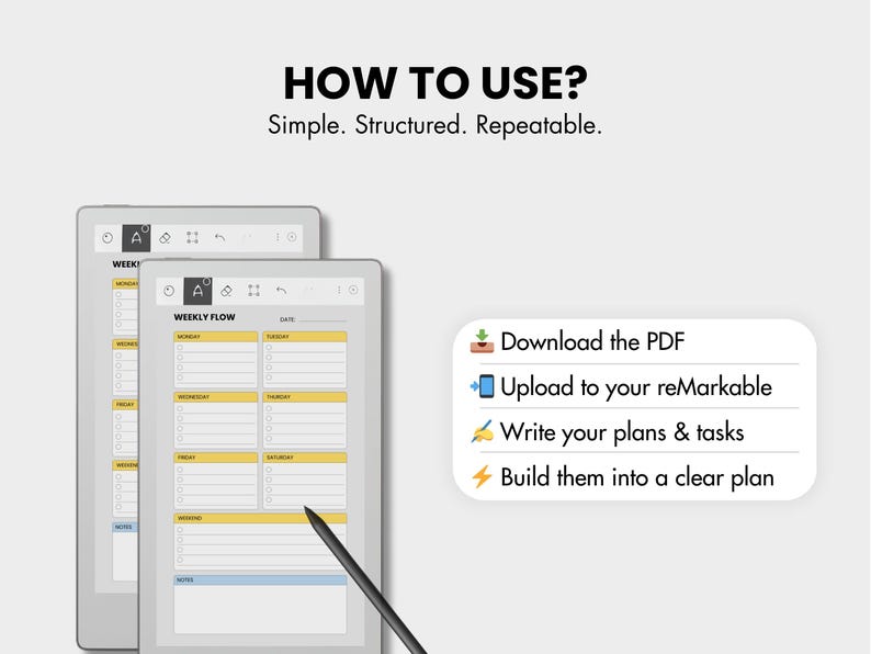 May include: Two digital tablets displaying a weekly planner layout with yellow and blue highlights. The text "HOW TO USE? Simple. Structured. Repeatable." is at the top. Instructions include downloading a PDF and uploading to reMarkable.