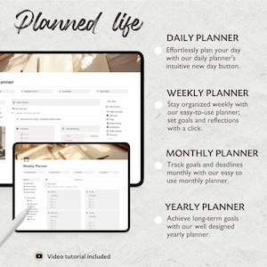 May include: A screenshot of a website for a digital planner. The website features a light background with a beige and white color scheme. The website shows a weekly planner with sections for daily, weekly, monthly, and yearly planning. The website also includes a video tutorial.