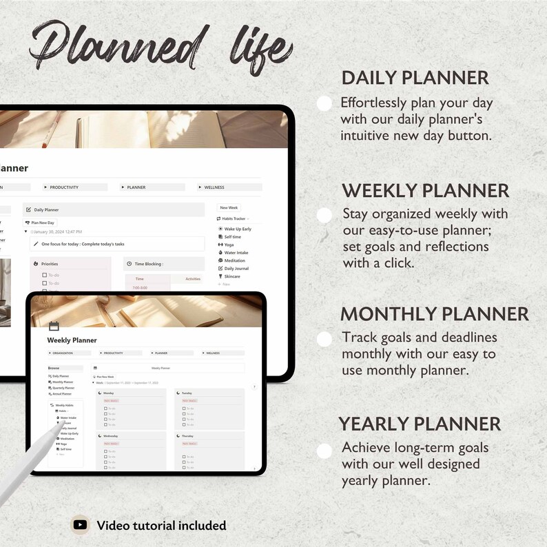 May include: A screenshot of a website for a digital planner. The website features a light background with a beige and white color scheme. The website shows a weekly planner with sections for daily, weekly, monthly, and yearly planning. The website also includes a video tutorial.