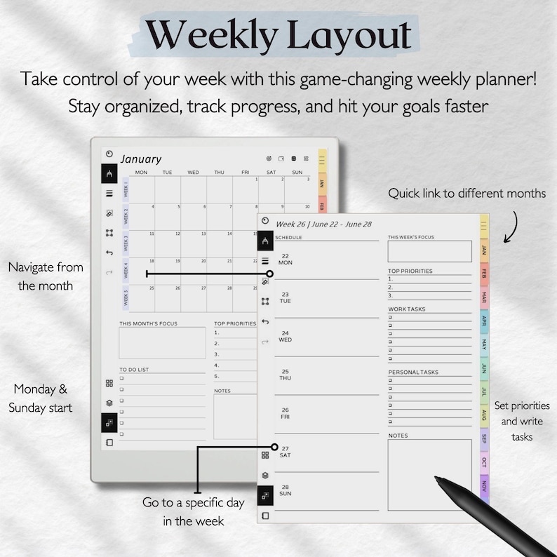May include: A digital weekly planner interface featuring a monthly calendar view and a detailed weekly schedule page. The layout includes sections for priorities, tasks, and notes, with navigation icons and color-coded month tabs on the side.