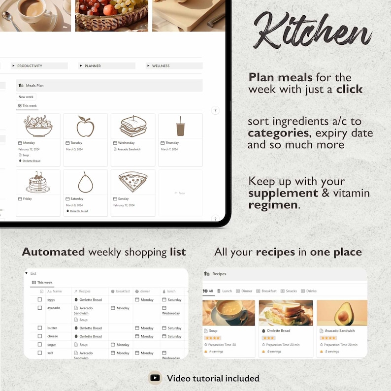 May include: A digital planner app for meal planning, grocery shopping, and tracking supplements. The app features a weekly meal planner, automated shopping list, and recipe section. The app is designed to help users plan healthy meals, stay organized, and manage their dietary needs.