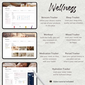 May include: Wellness app interface with a video tutorial included. The app has trackers for skincare, sleep, workout, mood, medication, period, and hydration.