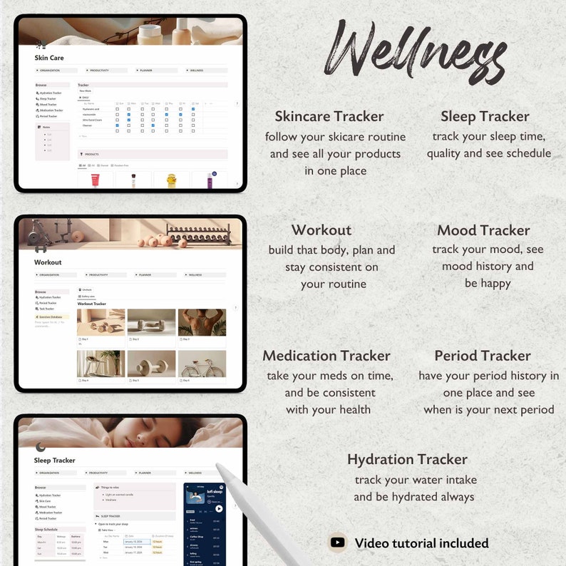 May include: Wellness app interface with a video tutorial included. The app has trackers for skincare, sleep, workout, mood, medication, period, and hydration.