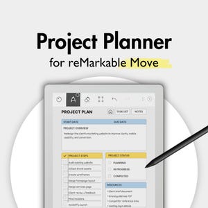 Könnte beinhalten: Ein digitaler Projektplaner für reMarkable Move, dargestellt auf einem Tablet mit einem Stift. Der Bildschirm zeigt einen Projektplan mit Abschnitten für Projektschritte, Status und Ressourcen. Der Text "Project Planner" steht oben.