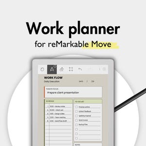 Könnte beinhalten: Ein digitaler Arbeitsplaner für reMarkable Move auf einem Tablet-Bildschirm. Die Benutzeroberfläche zeigt einen Arbeitsablauf mit Tagesplan, Aufgabenliste und Notizbereich. Ein schwarzer Eingabestift liegt diagonal über dem Bildschirm.