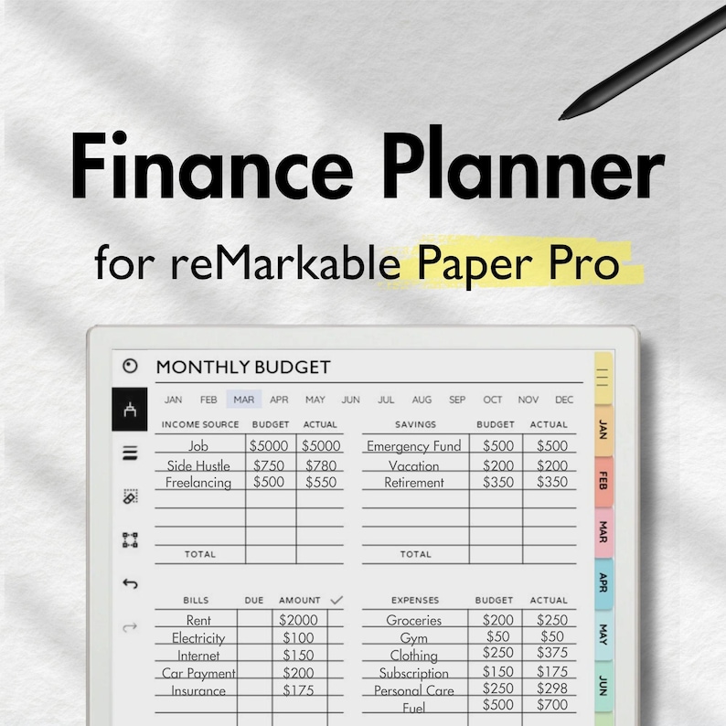 May include: A digital planner for the reMarkable Paper Pro tablet. The planner is designed to help users track their monthly budget, including income, expenses, and savings. The planner includes sections for bills, expenses, and savings, with columns for budget and actual amounts. The planner is designed to be used with a stylus.