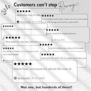 May include: A collage of customer reviews for a digital planner. The reviews are all positive and highlight the planner's ease of use, helpfulness, and overall quality. The text includes phrases like "Absolutely love it!" and "Very easy to use, very intuitive".