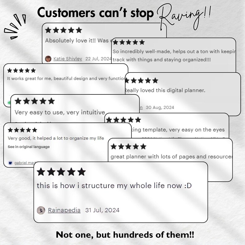 May include: A collage of customer reviews for a digital planner. The reviews are all positive and highlight the planner's ease of use, helpfulness, and overall quality. The text includes phrases like "Absolutely love it!" and "Very easy to use, very intuitive".