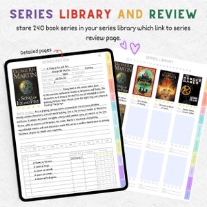 Puede incluir: Un cuaderno de biblioteca y revisi&oacute;n de series con p&aacute;ginas detalladas. La p&aacute;gina izquierda presenta una rese&ntilde;a del libro "A Song of Ice and Fire" de George R.R. Martin. La p&aacute;gina derecha tiene una biblioteca de series.