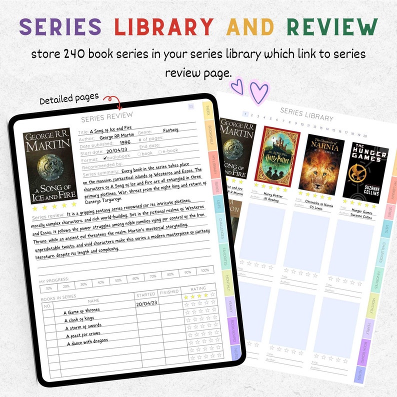 Puede incluir: Un cuaderno de biblioteca y revisi&oacute;n de series con p&aacute;ginas detalladas. La p&aacute;gina izquierda presenta una rese&ntilde;a del libro "A Song of Ice and Fire" de George R.R. Martin. La p&aacute;gina derecha tiene una biblioteca de series.