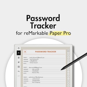 Wachtwoordtracker voor reMarkable Paper Pro, sjablonen voor opmerkelijk, wachtwoordbehoud, wachtwoordlogboek, wachtwoordbeheerder, gelinkt notitieboek