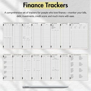 May include: A black and white printable finance tracker with sections for subscriptions, investments, sinking funds, bills, wishlists, debt, income, credit score, bank accounts, donations, paycheck budget, biweekly budget, online shopping, travel budget, tax deductions, and credit card information.