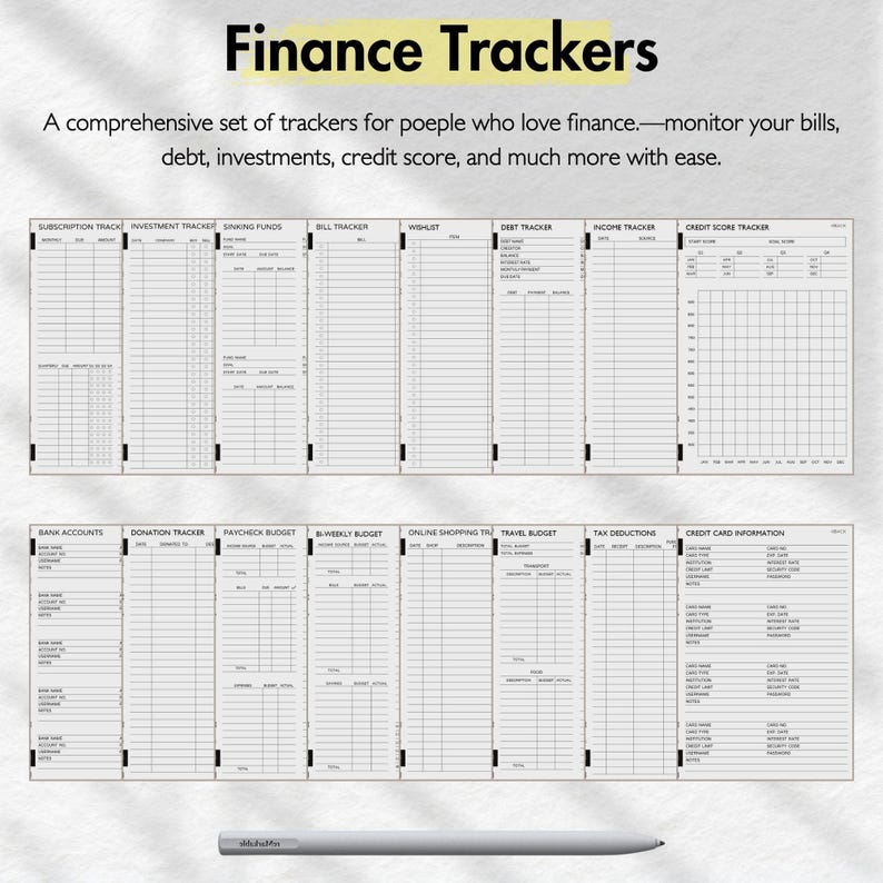 May include: A black and white printable finance tracker with sections for subscriptions, investments, sinking funds, bills, wishlists, debt, income, credit score, bank accounts, donations, paycheck budget, biweekly budget, online shopping, travel budget, tax deductions, and credit card information.