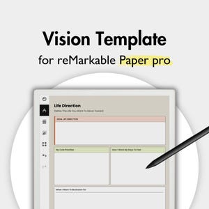 Op de afbeelding: Een digitale tablet met een Vision Template voor reMarkable Paper pro, voorzien van een Life Direction planningsindeling met secties voor prioriteiten en dagelijkse gevoelens, inclusief een zwarte stylus op het schermoppervlak.