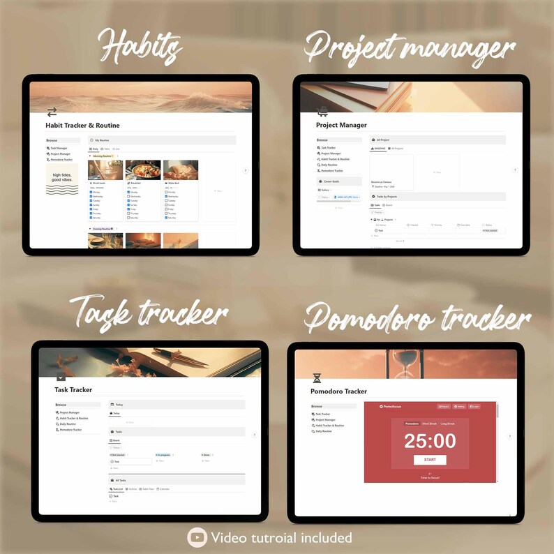 May include: A screenshot of a computer screen showing four different apps: Habit Tracker & Routine, Project Manager, Task Tracker, and Pomodoro Tracker. The apps are designed to help users manage their time and productivity.