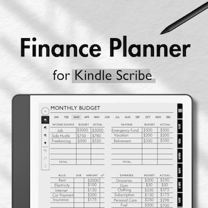 May include: A digital finance planner for Kindle Scribe, with a monthly budget layout. The planner includes sections for income sources, savings, bills, and expenses, with columns for budget and actual amounts. The title "Finance Planner" is displayed prominently.