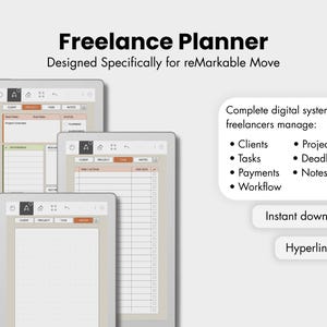 May include: A digital freelance planner for reMarkable Move tablets, featuring three screen views showing project, task, and note layouts. Text includes "Freelance Planner," "Designed Specifically for reMarkable Move," and a list of management features.
