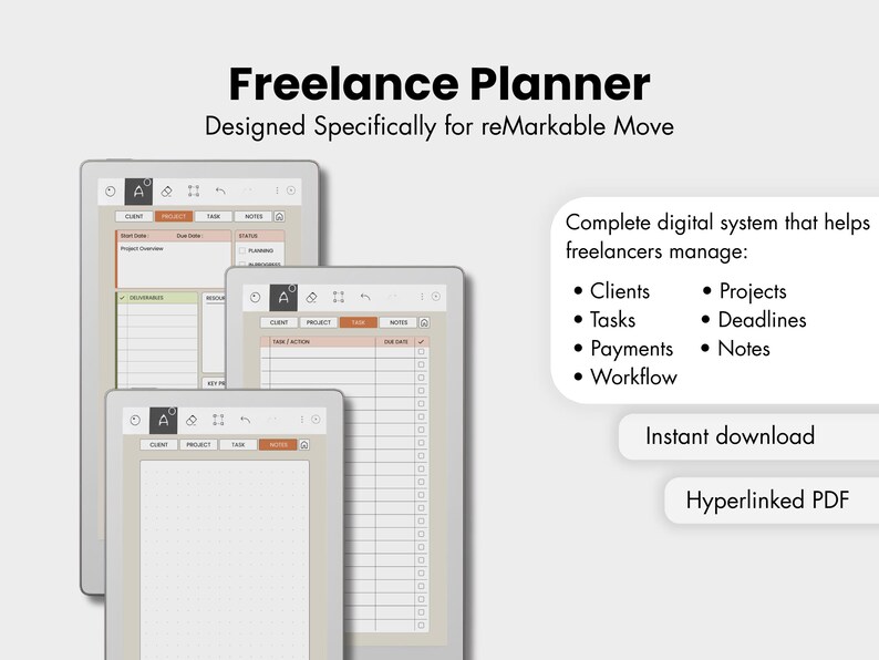 May include: A digital freelance planner for reMarkable Move tablets, featuring three screen views showing project, task, and note layouts. Text includes "Freelance Planner," "Designed Specifically for reMarkable Move," and a list of management features.