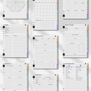 May include: A collection of digital planner pages featuring various templates including a wheel of life, monthly calendar, recipe log, project planner, meeting notes, grocery list, fitness goal tracker, and a self-care routine checklist.